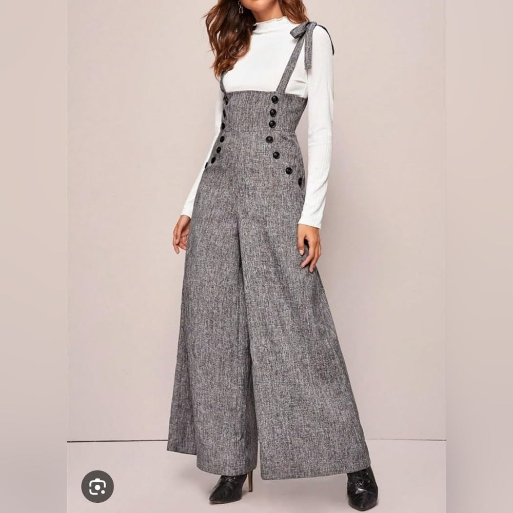 Tie-Shoulder Black-Grey Wide Leg Jumpsuit Size XL